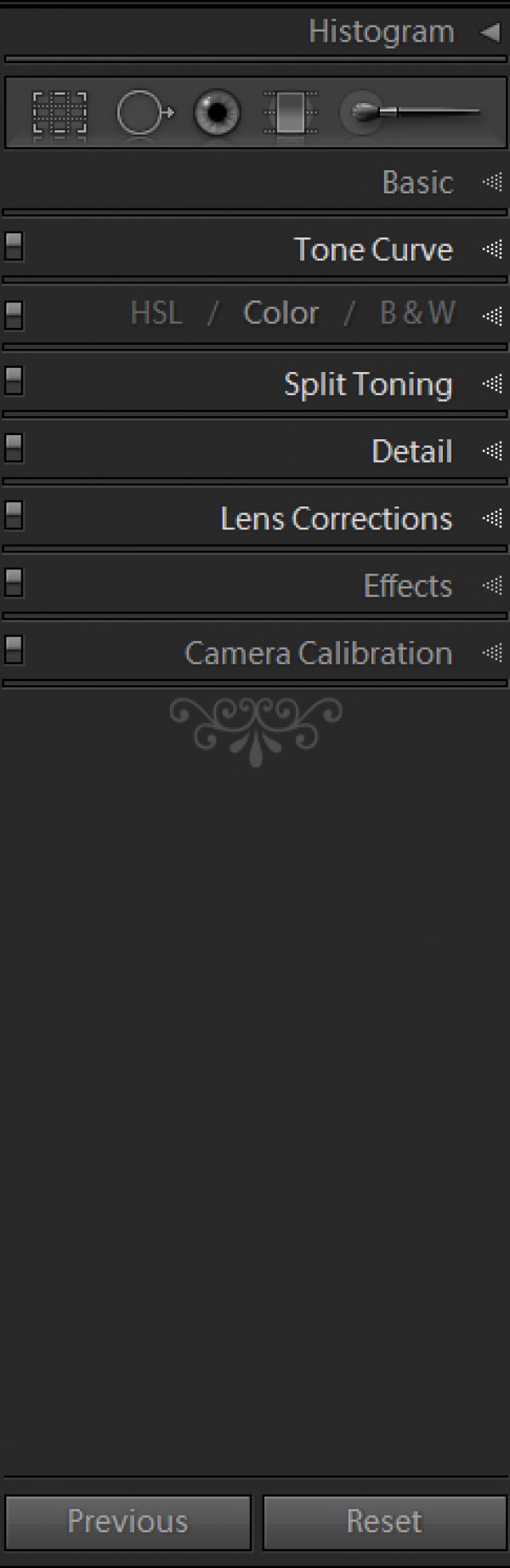 Правая панель в Adobe Photoshop Lightroom