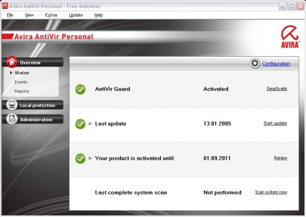 Окно программы Avira AntiVir Personal