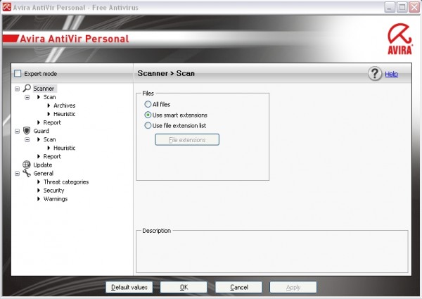Окно конфигурации Avira AntiVir Personal