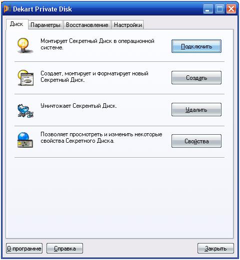 главное окно Dekart Private Disk