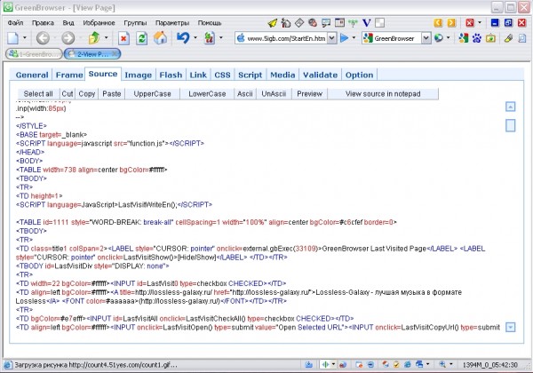 Просмотр HTML-кода страницы в GreenBrowser
