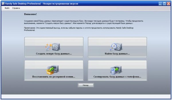Выбор действия Handy Safe Desktop