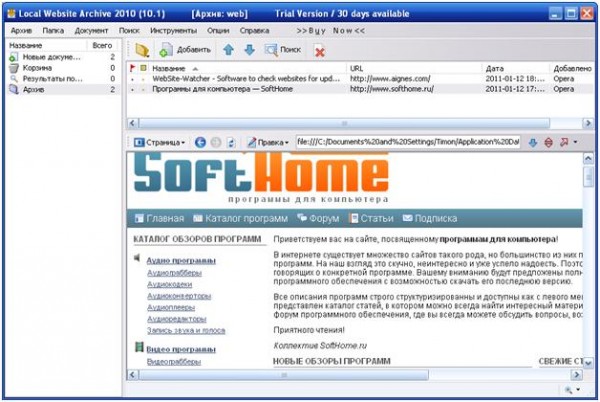 Local Website Archive, работа со страницой