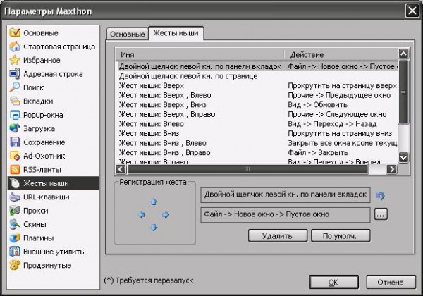 Жесты мыши в Maxthon