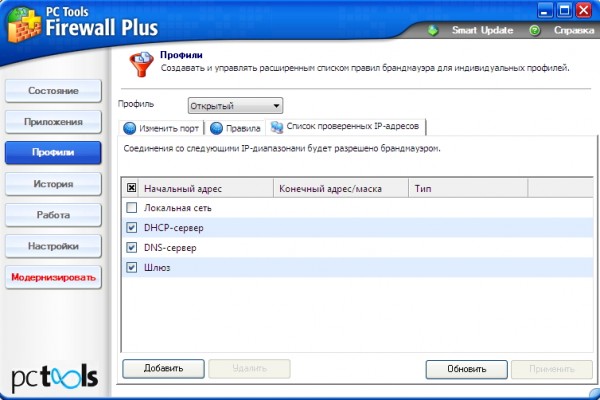 ip-адреса в PC Tools Firewall Plus