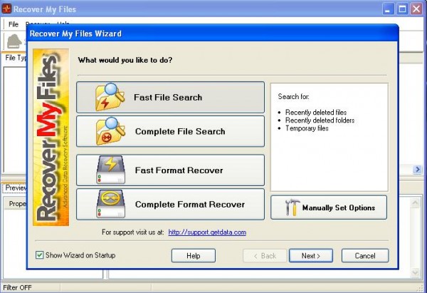 выбор типа поиска в Recover My Files выбор типа поиска в Recover My Files