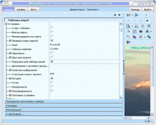 Таблица опций Willing Webcam