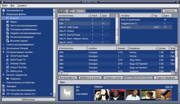 Библиотека мультимедиа в Winamp