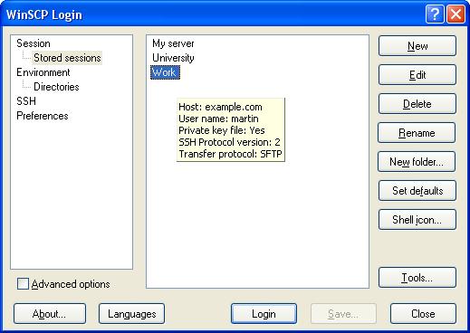 окно входа в программу WinSCP